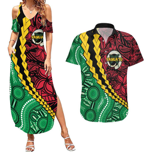 Vanuatu Personalized Tribal Couples Matching Summer Maxi Dress and Hawaiian Shirt Aboriginal Inspired Mix Style - Aussie Hoodie
