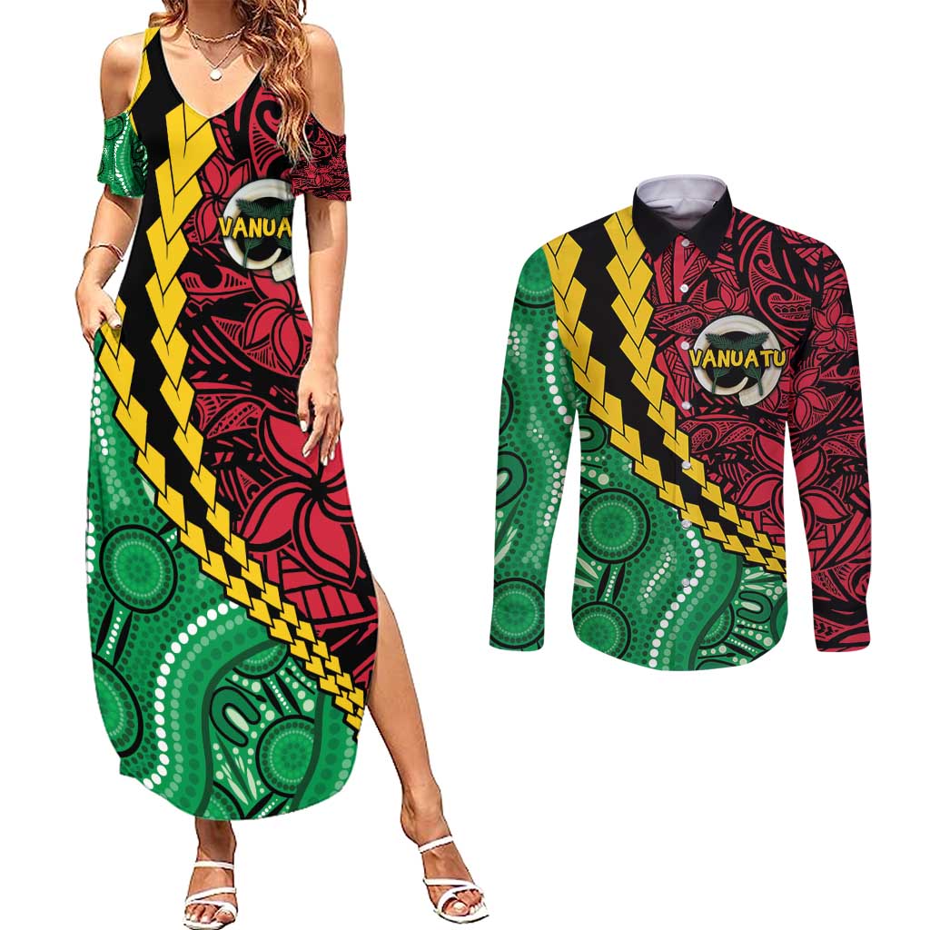 Vanuatu Personalized Tribal Couples Matching Summer Maxi Dress and Long Sleeve Button Shirt Aboriginal Inspired Mix Style - Aussie Hoodie