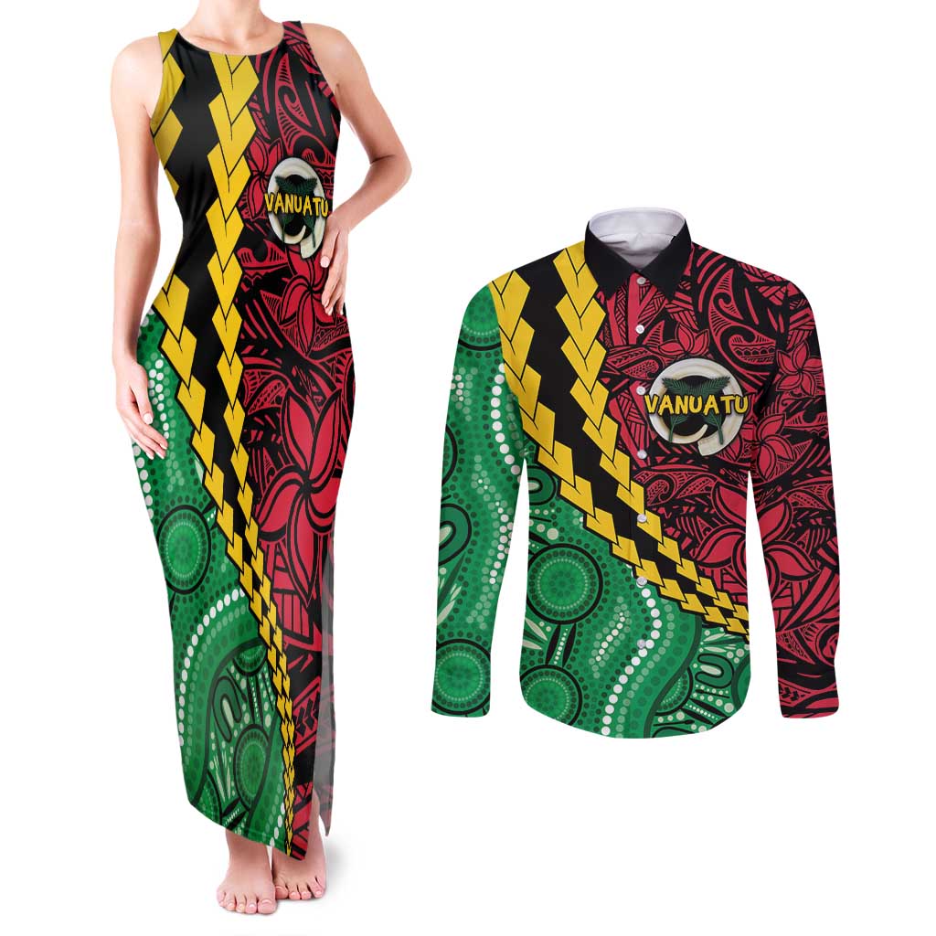 Vanuatu Personalized Tribal Couples Matching Tank Maxi Dress and Long Sleeve Button Shirt Aboriginal Inspired Mix Style - Aussie Hoodie