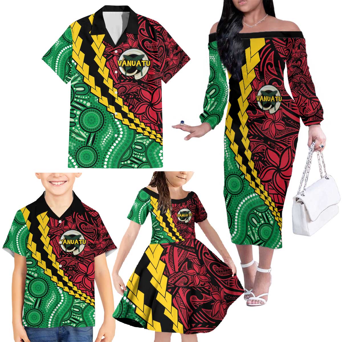 Vanuatu Personalized Tribal Family Matching Off The Shoulder Long Sleeve Dress and Hawaiian Shirt Aboriginal Inspired Mix Style - Aussie Hoodie