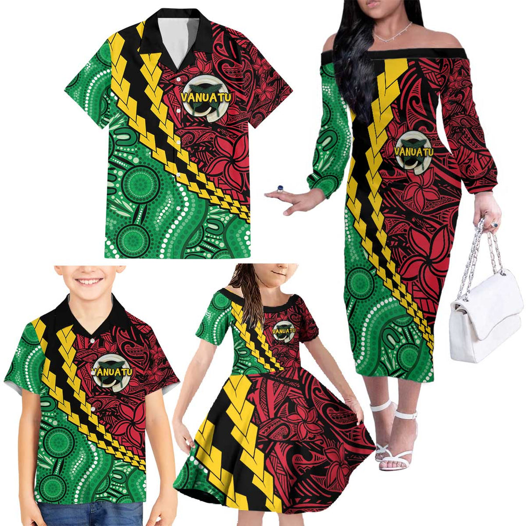 Vanuatu Personalized Tribal Family Matching Off The Shoulder Long Sleeve Dress and Hawaiian Shirt Aboriginal Inspired Mix Style - Aussie Hoodie