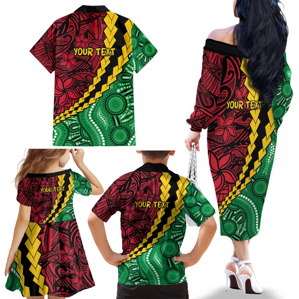 Vanuatu Personalized Tribal Family Matching Off The Shoulder Long Sleeve Dress and Hawaiian Shirt Aboriginal Inspired Mix Style - Aussie Hoodie