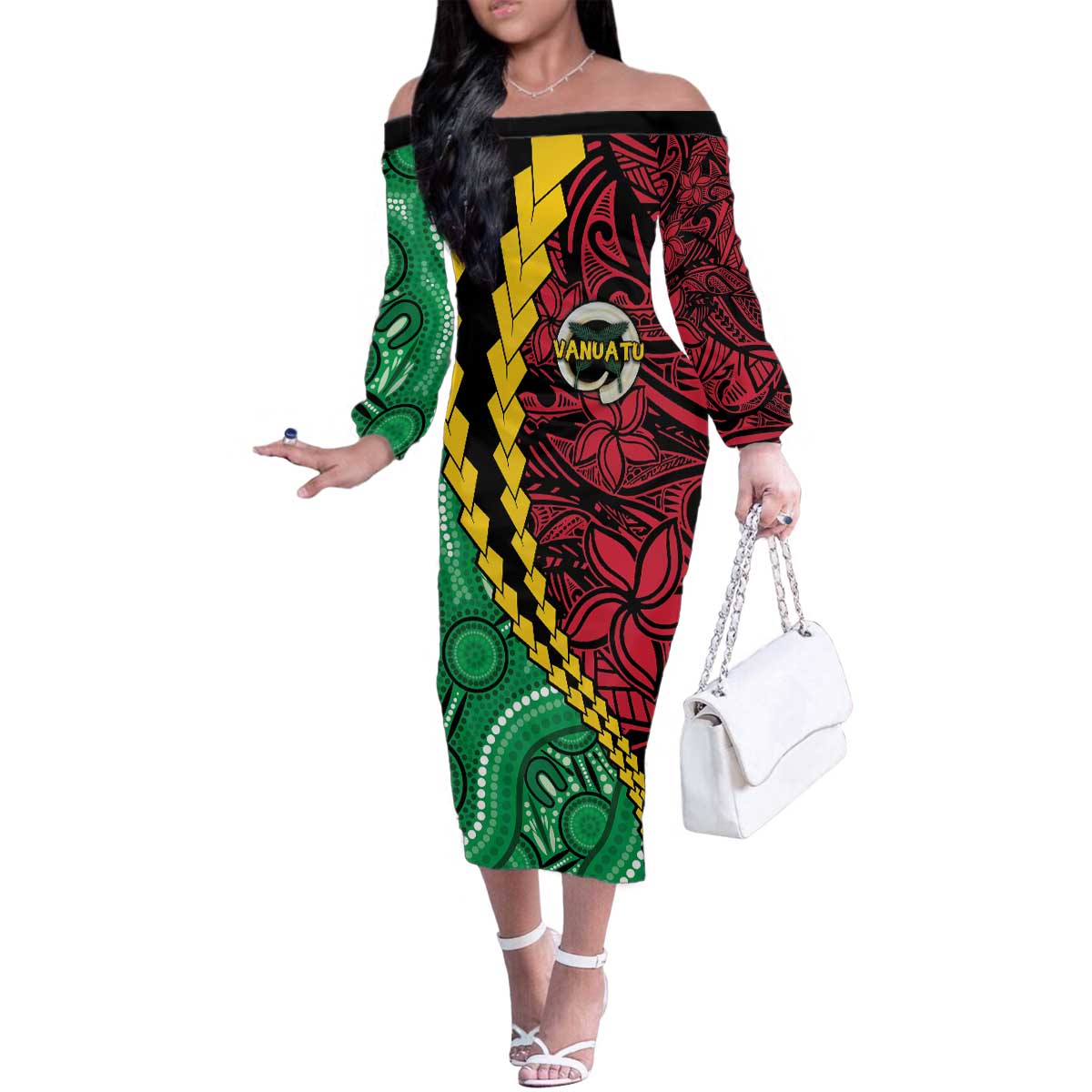 Vanuatu Personalized Tribal Family Matching Off The Shoulder Long Sleeve Dress and Hawaiian Shirt Aboriginal Inspired Mix Style - Aussie Hoodie