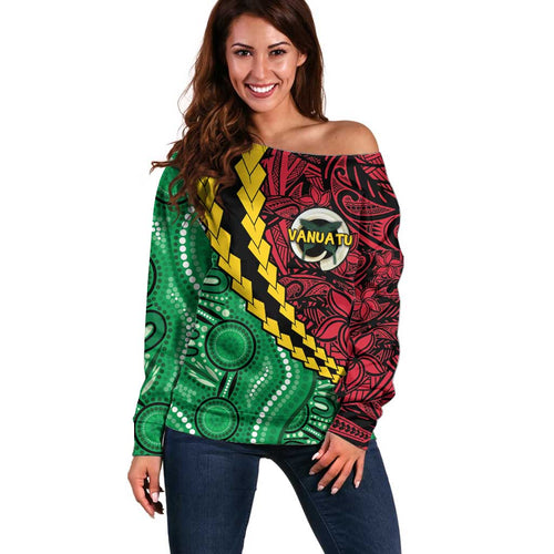 Vanuatu Personalized Tribal Off Shoulder Sweater Aboriginal Inspired Mix Style - Aussie Hoodie