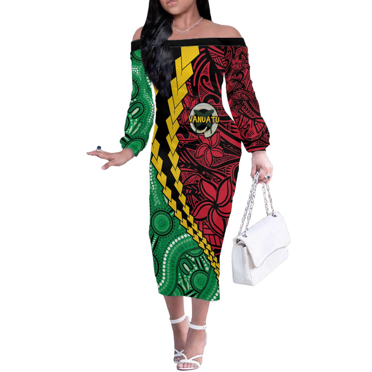 Vanuatu Personalized Tribal Off The Shoulder Long Sleeve Dress Aboriginal Inspired Mix Style - Aussie Hoodie