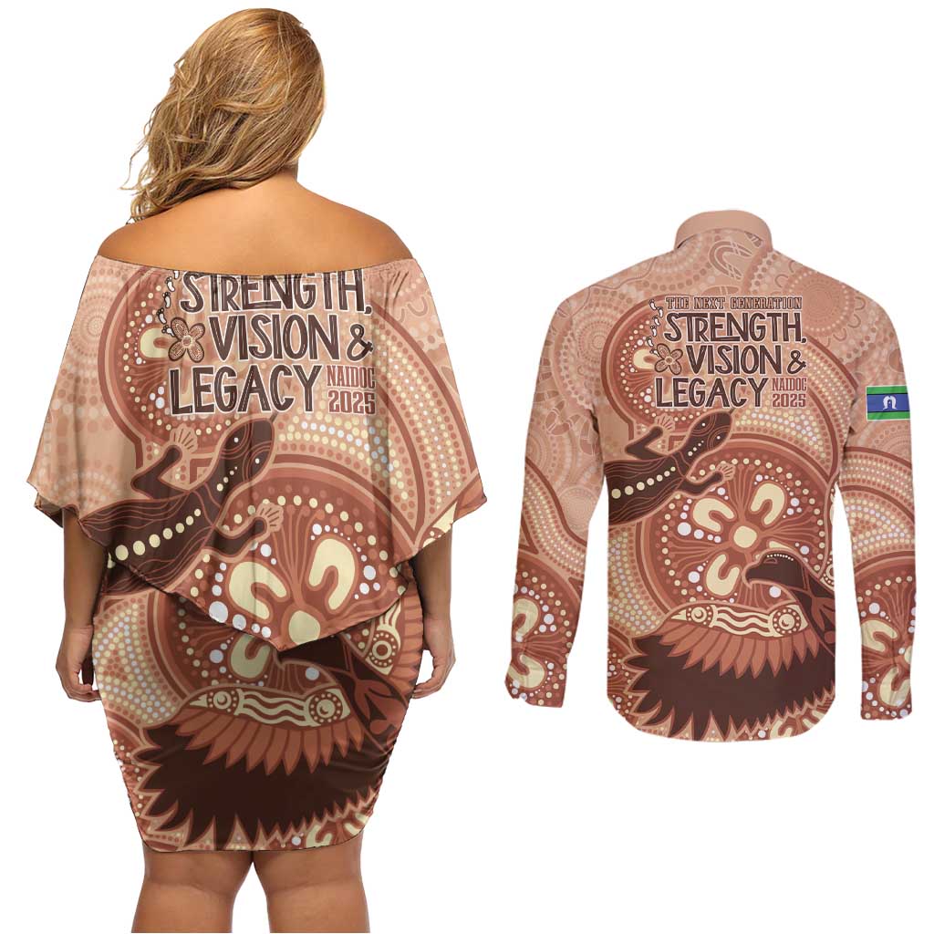 NAIDOC 2025 Strength Vision & Legacy Couples Matching Off Shoulder Short Dress and Long Sleeve Button Shirt Future Dreaming - Taupe