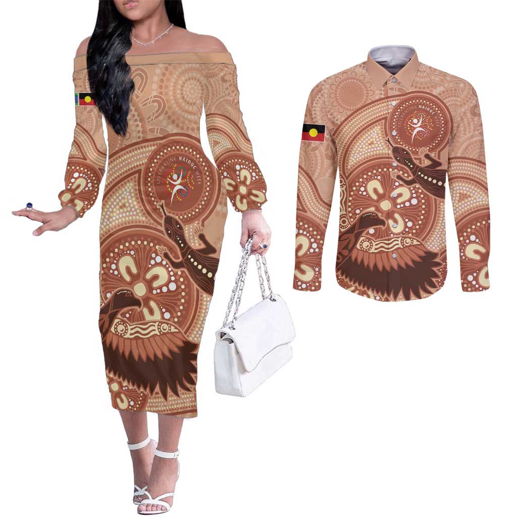 NAIDOC 2025 Strength Vision & Legacy Couples Matching Off The Shoulder Long Sleeve Dress and Long Sleeve Button Shirt Future Dreaming - Taupe