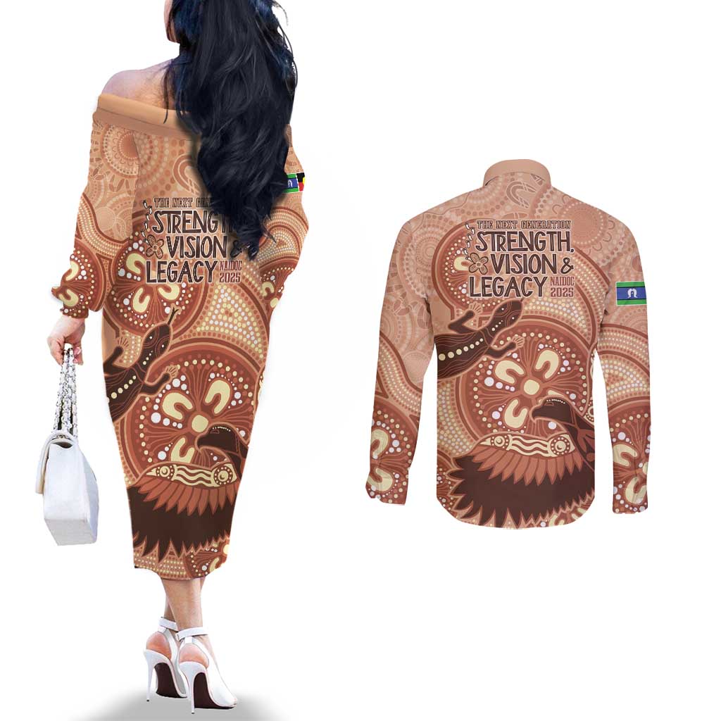 NAIDOC 2025 Strength Vision & Legacy Couples Matching Off The Shoulder Long Sleeve Dress and Long Sleeve Button Shirt Future Dreaming - Taupe