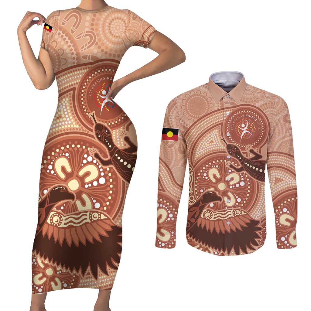NAIDOC 2025 Strength Vision & Legacy Couples Matching Short Sleeve Bodycon Dress and Long Sleeve Button Shirt Future Dreaming - Taupe