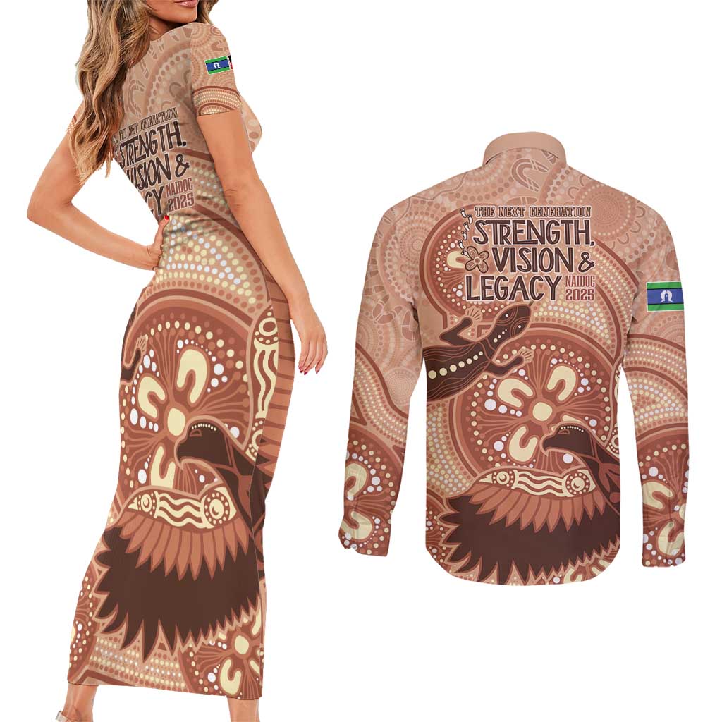 NAIDOC 2025 Strength Vision & Legacy Couples Matching Short Sleeve Bodycon Dress and Long Sleeve Button Shirt Future Dreaming - Taupe