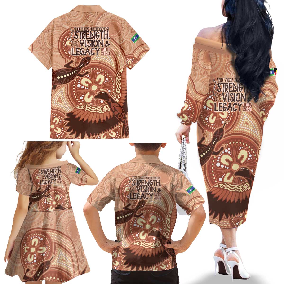 NAIDOC 2025 Strength Vision & Legacy Family Matching Off The Shoulder Long Sleeve Dress and Hawaiian Shirt Future Dreaming - Taupe