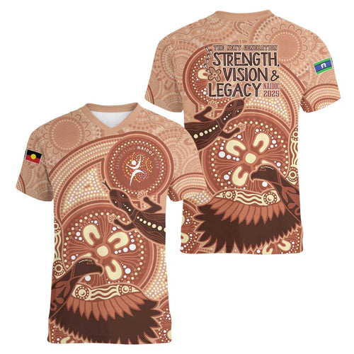 NAIDOC 2025 Strength Vision & Legacy Women V-Neck T-Shirt Future Dreaming - Taupe