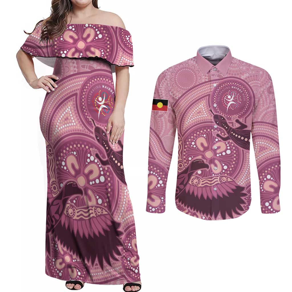 NAIDOC 2025 Strength Vision & Legacy Couples Matching Off Shoulder Maxi Dress and Long Sleeve Button Shirt Future Dreaming - Coral