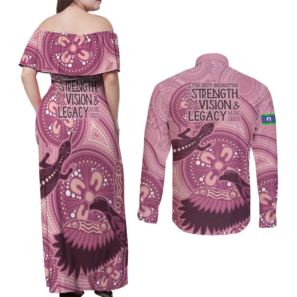 NAIDOC 2025 Strength Vision & Legacy Couples Matching Off Shoulder Maxi Dress and Long Sleeve Button Shirt Future Dreaming - Coral
