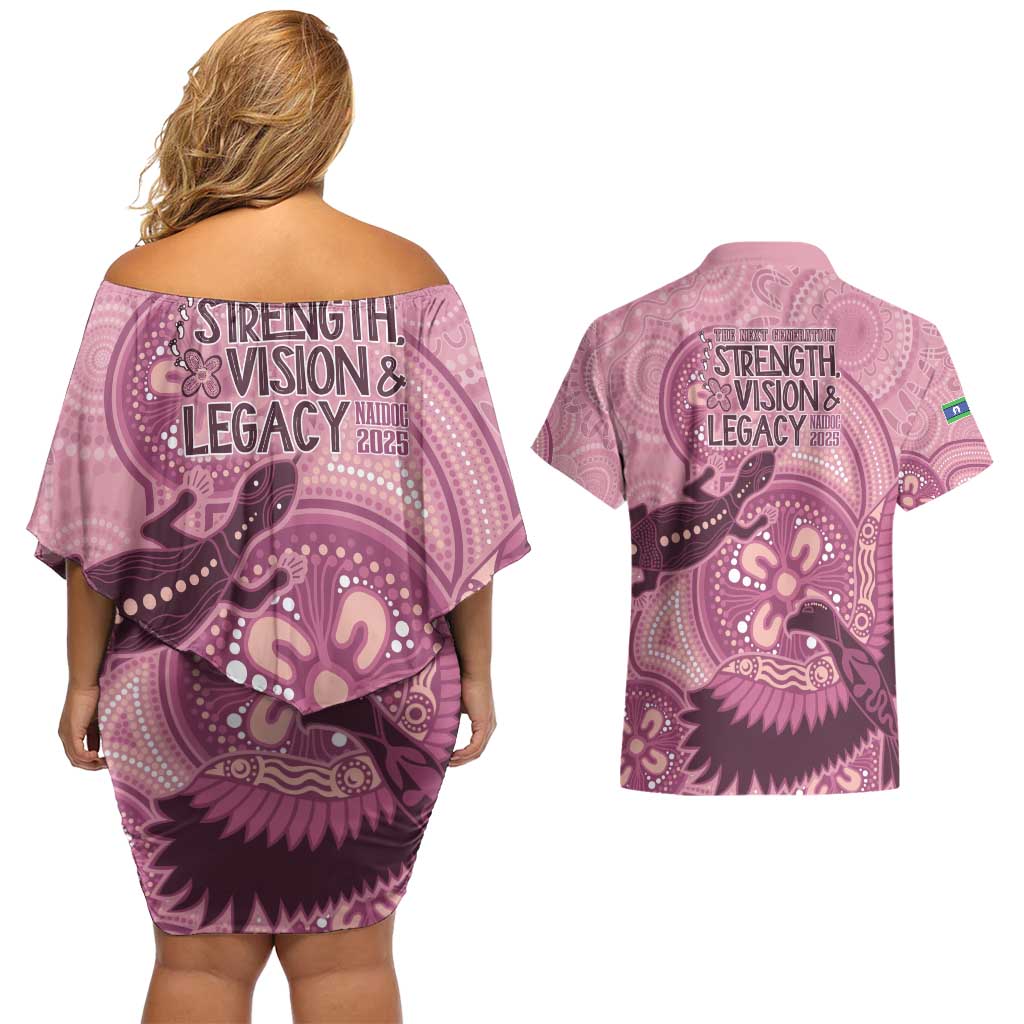 NAIDOC 2025 Strength Vision & Legacy Couples Matching Off Shoulder Short Dress and Hawaiian Shirt Future Dreaming - Coral