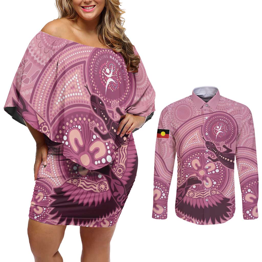 NAIDOC 2025 Strength Vision & Legacy Couples Matching Off Shoulder Short Dress and Long Sleeve Button Shirt Future Dreaming - Coral