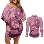 NAIDOC 2025 Strength Vision & Legacy Couples Matching Off Shoulder Short Dress and Long Sleeve Button Shirt Future Dreaming - Coral