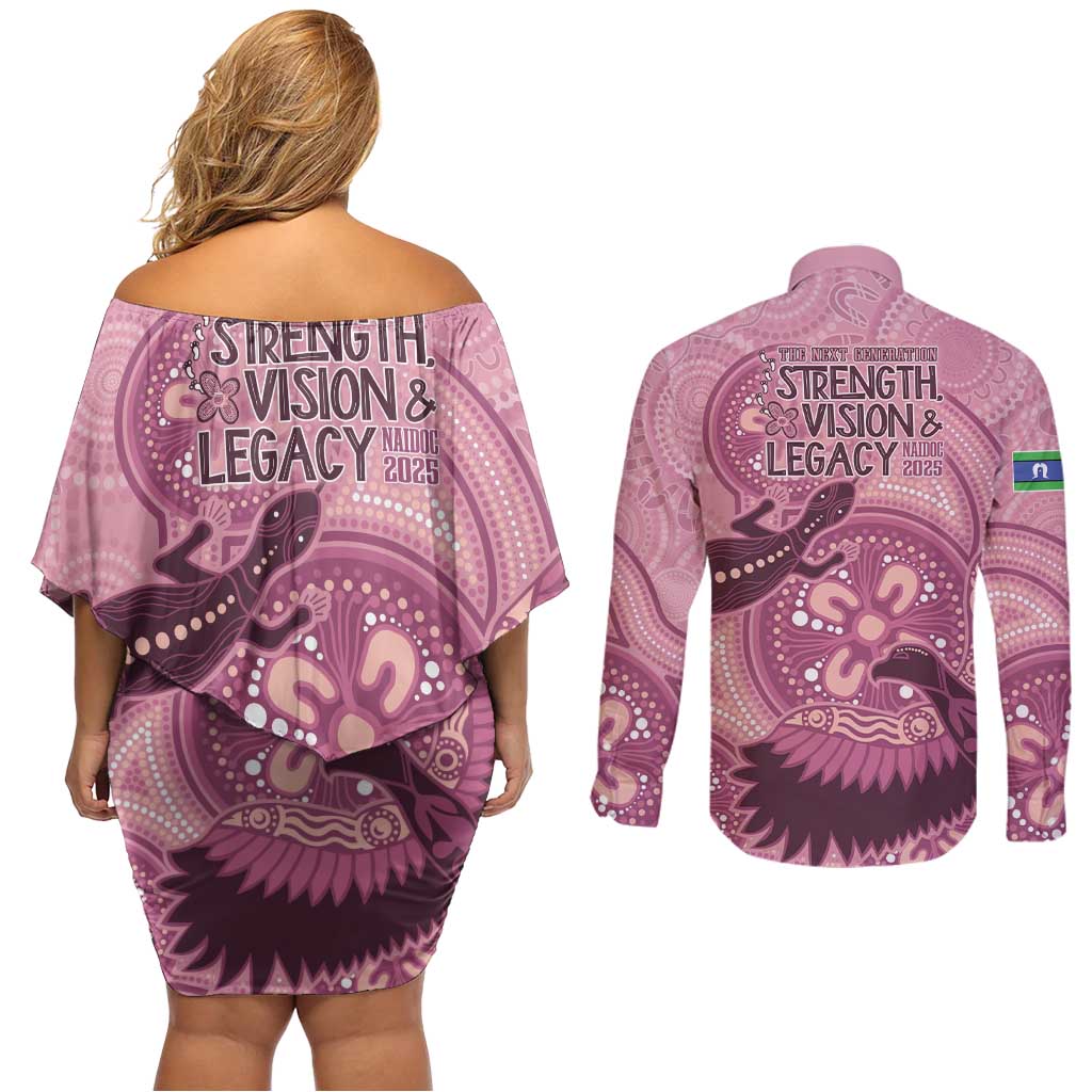 NAIDOC 2025 Strength Vision & Legacy Couples Matching Off Shoulder Short Dress and Long Sleeve Button Shirt Future Dreaming - Coral