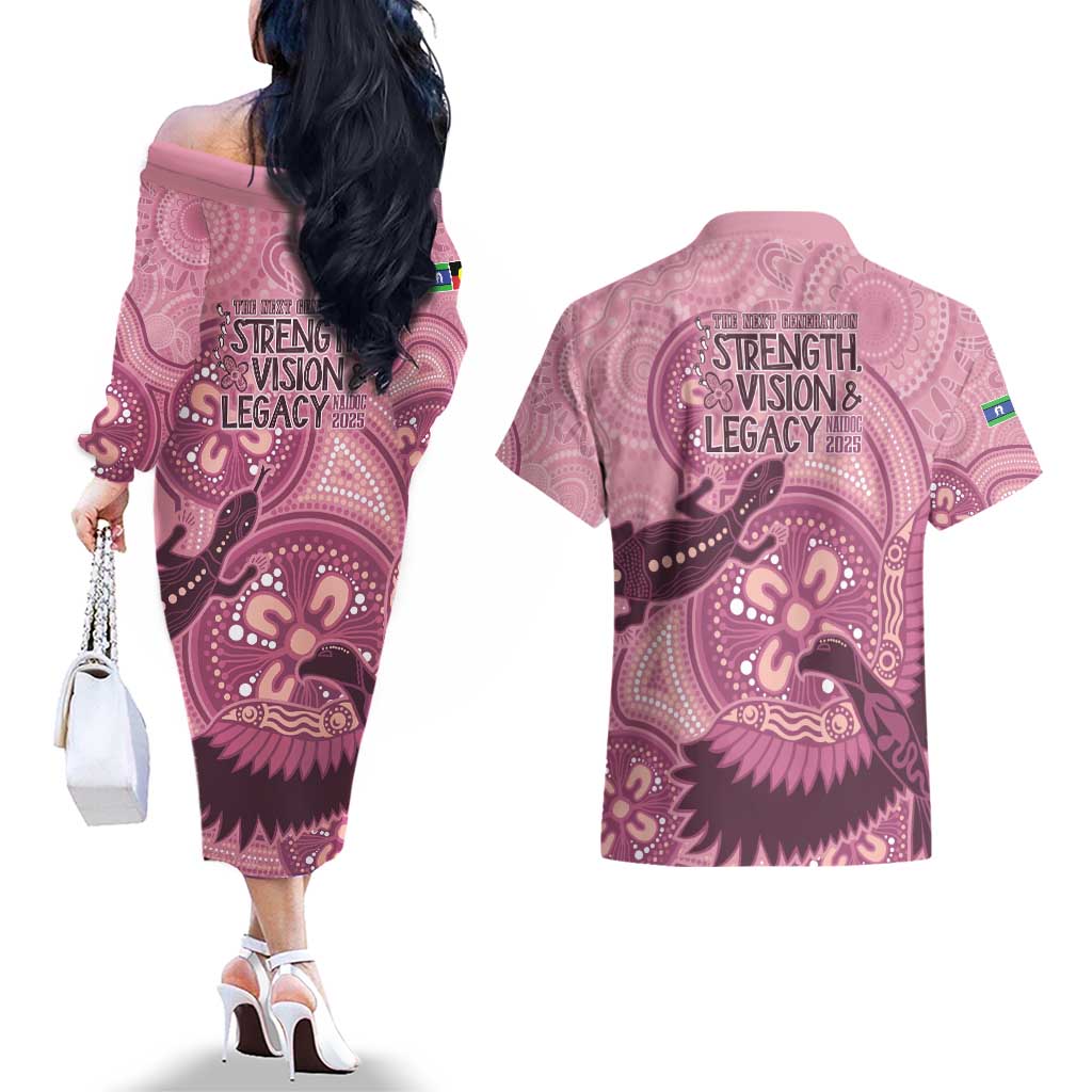 NAIDOC 2025 Strength Vision & Legacy Couples Matching Off The Shoulder Long Sleeve Dress and Hawaiian Shirt Future Dreaming - Coral