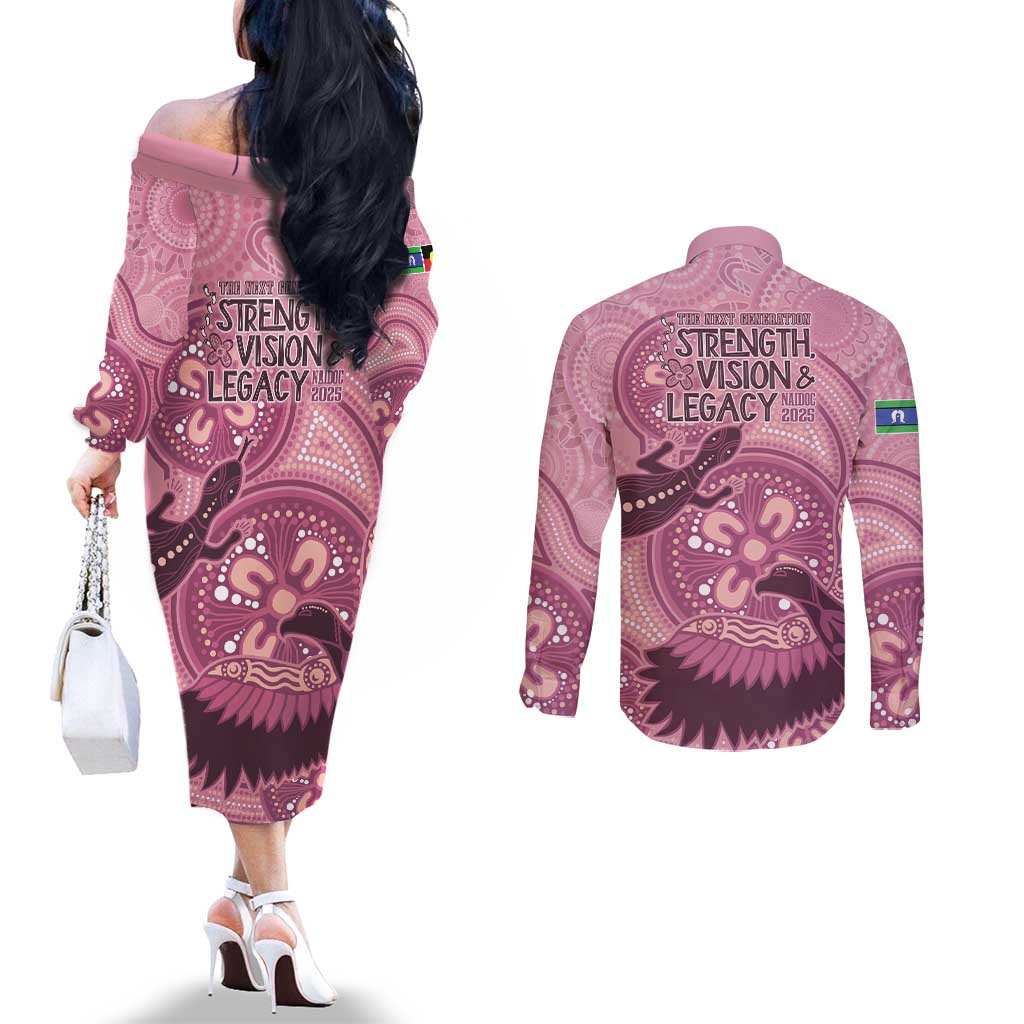 NAIDOC 2025 Strength Vision & Legacy Couples Matching Off The Shoulder Long Sleeve Dress and Long Sleeve Button Shirt Future Dreaming - Coral