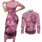 NAIDOC 2025 Strength Vision & Legacy Couples Matching Short Sleeve Bodycon Dress and Long Sleeve Button Shirt Future Dreaming - Coral