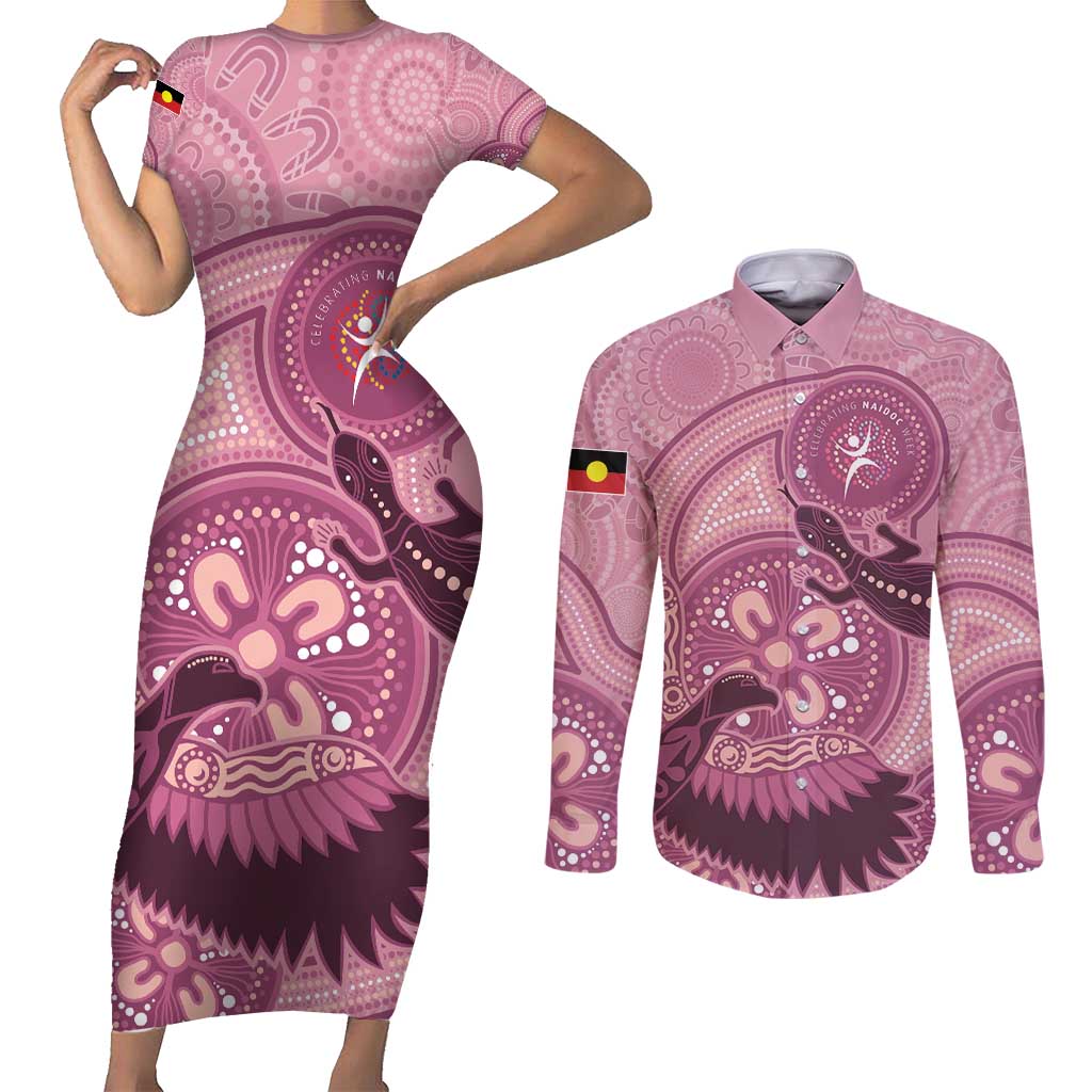 NAIDOC 2025 Strength Vision & Legacy Couples Matching Short Sleeve Bodycon Dress and Long Sleeve Button Shirt Future Dreaming - Coral