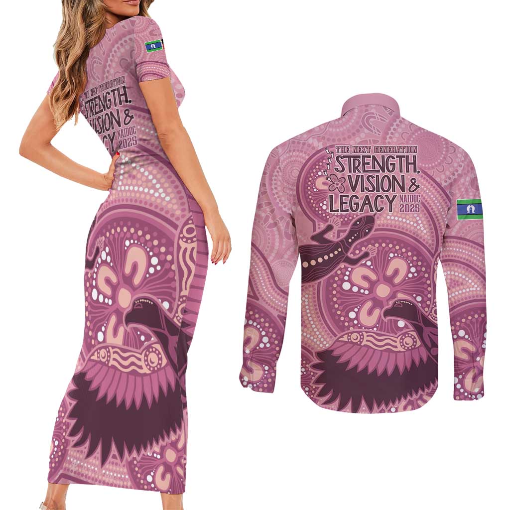 NAIDOC 2025 Strength Vision & Legacy Couples Matching Short Sleeve Bodycon Dress and Long Sleeve Button Shirt Future Dreaming - Coral