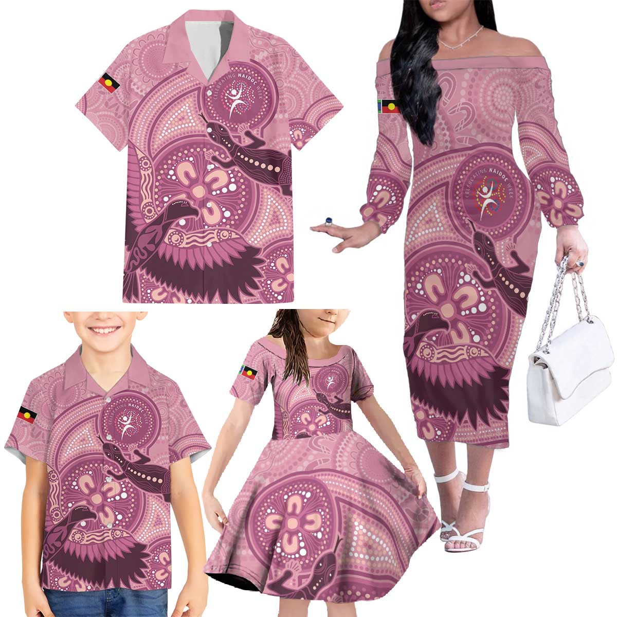 NAIDOC 2025 Strength Vision & Legacy Family Matching Off The Shoulder Long Sleeve Dress and Hawaiian Shirt Future Dreaming - Coral