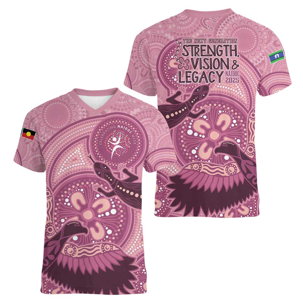 NAIDOC 2025 Strength Vision & Legacy Women V-Neck T-Shirt Future Dreaming - Coral