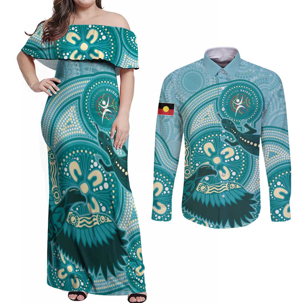 NAIDOC 2025 Strength Vision & Legacy Couples Matching Off Shoulder Maxi Dress and Long Sleeve Button Shirt Future Dreaming - Teal