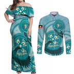 NAIDOC 2025 Strength Vision & Legacy Couples Matching Off Shoulder Maxi Dress and Long Sleeve Button Shirt Future Dreaming - Teal