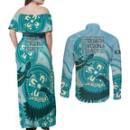 NAIDOC 2025 Strength Vision & Legacy Couples Matching Off Shoulder Maxi Dress and Long Sleeve Button Shirt Future Dreaming - Teal