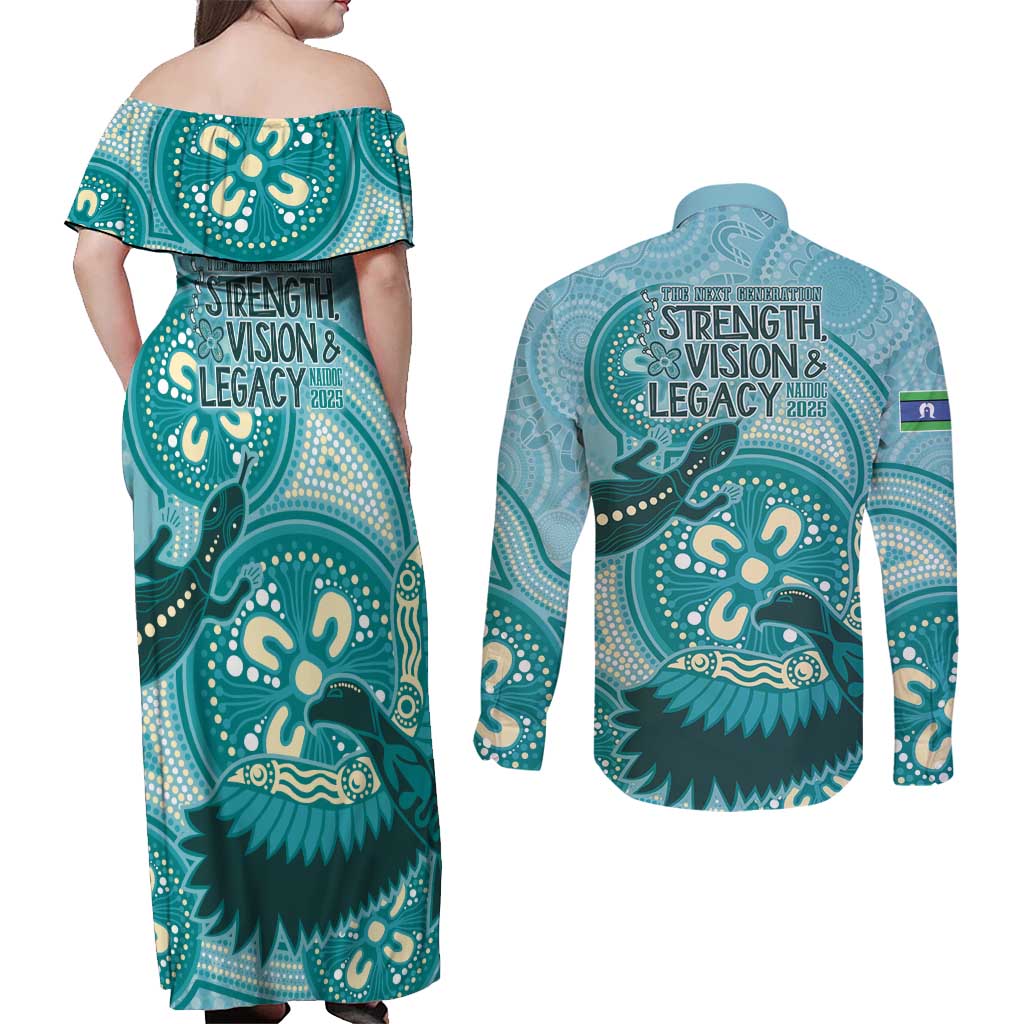 NAIDOC 2025 Strength Vision & Legacy Couples Matching Off Shoulder Maxi Dress and Long Sleeve Button Shirt Future Dreaming - Teal