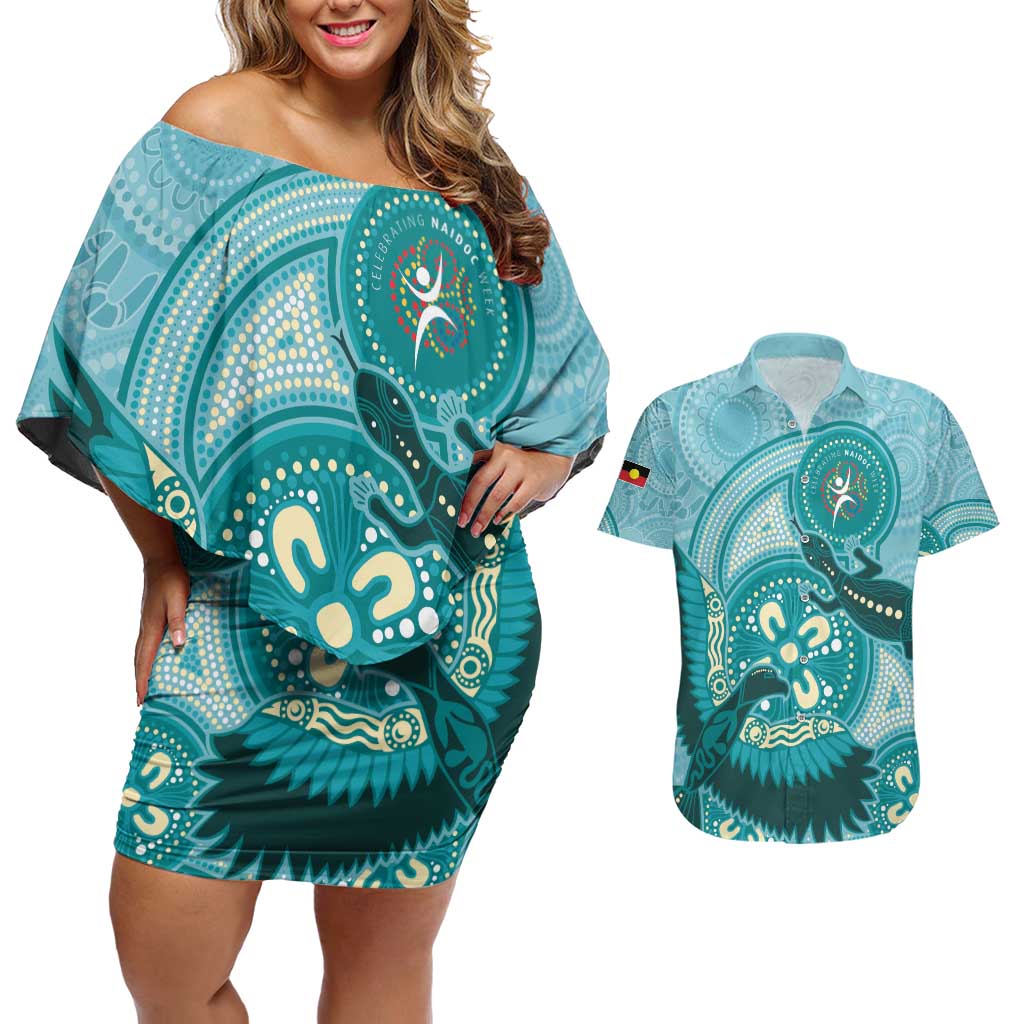 NAIDOC 2025 Strength Vision & Legacy Couples Matching Off Shoulder Short Dress and Hawaiian Shirt Future Dreaming - Teal