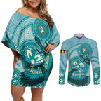 NAIDOC 2025 Strength Vision & Legacy Couples Matching Off Shoulder Short Dress and Long Sleeve Button Shirt Future Dreaming - Teal