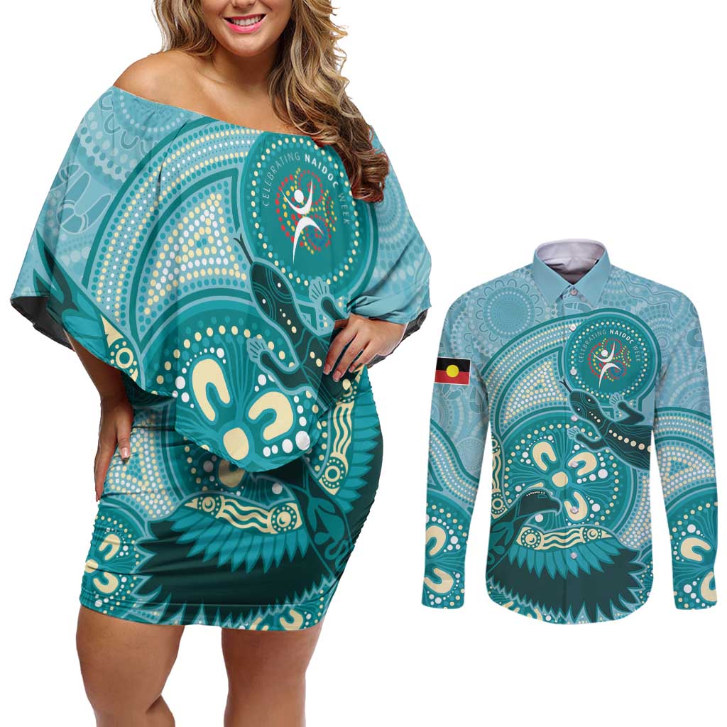 NAIDOC 2025 Strength Vision & Legacy Couples Matching Off Shoulder Short Dress and Long Sleeve Button Shirt Future Dreaming - Teal