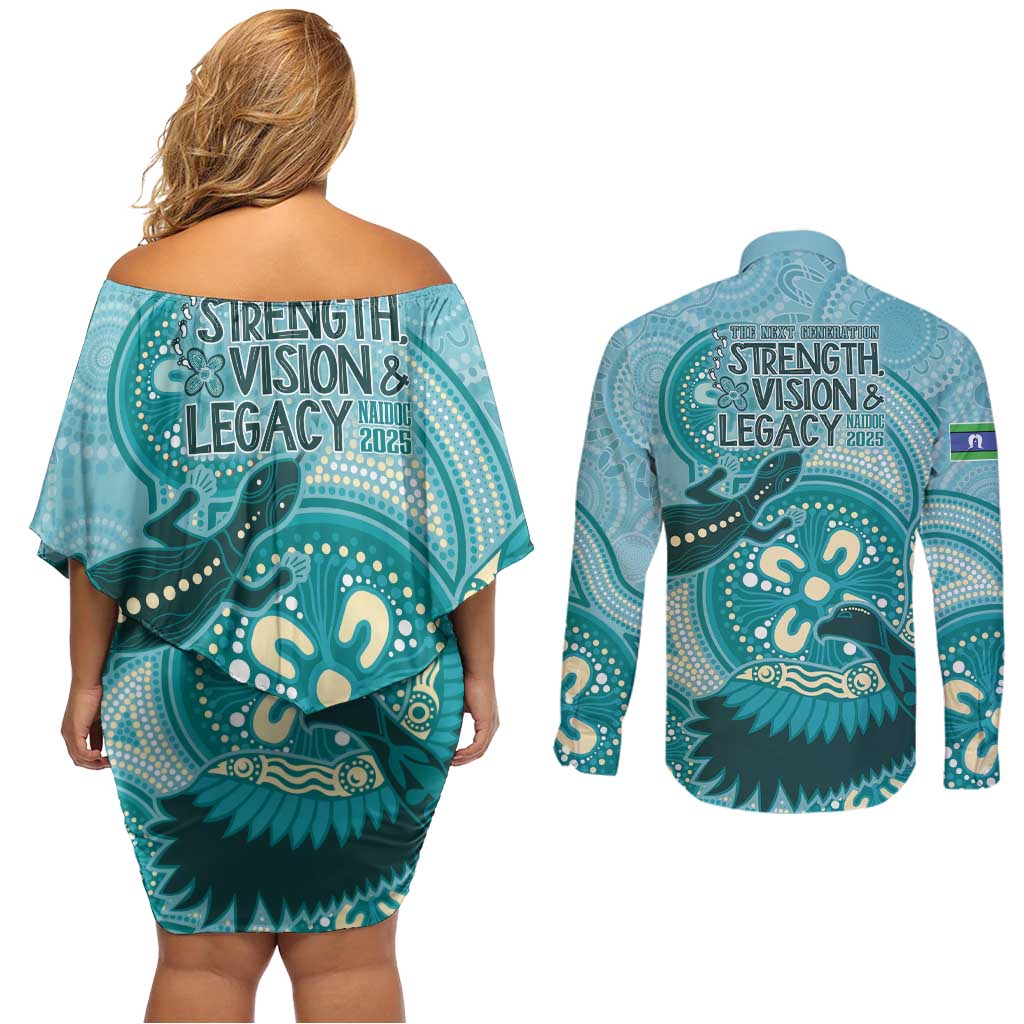 NAIDOC 2025 Strength Vision & Legacy Couples Matching Off Shoulder Short Dress and Long Sleeve Button Shirt Future Dreaming - Teal