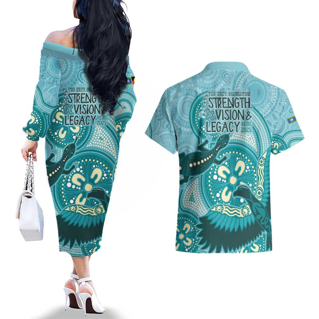 NAIDOC 2025 Strength Vision & Legacy Couples Matching Off The Shoulder Long Sleeve Dress and Hawaiian Shirt Future Dreaming - Teal