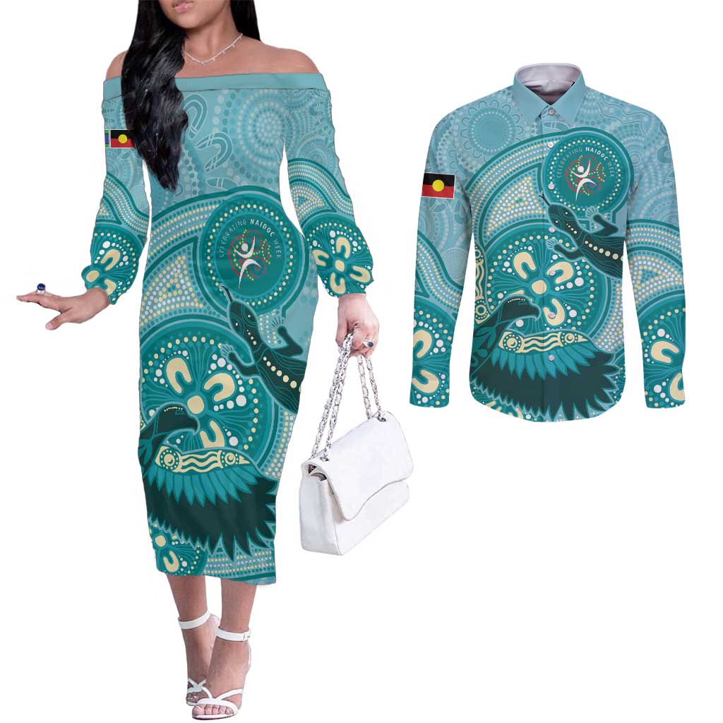 NAIDOC 2025 Strength Vision & Legacy Couples Matching Off The Shoulder Long Sleeve Dress and Long Sleeve Button Shirt Future Dreaming - Teal