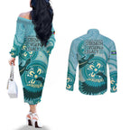 NAIDOC 2025 Strength Vision & Legacy Couples Matching Off The Shoulder Long Sleeve Dress and Long Sleeve Button Shirt Future Dreaming - Teal