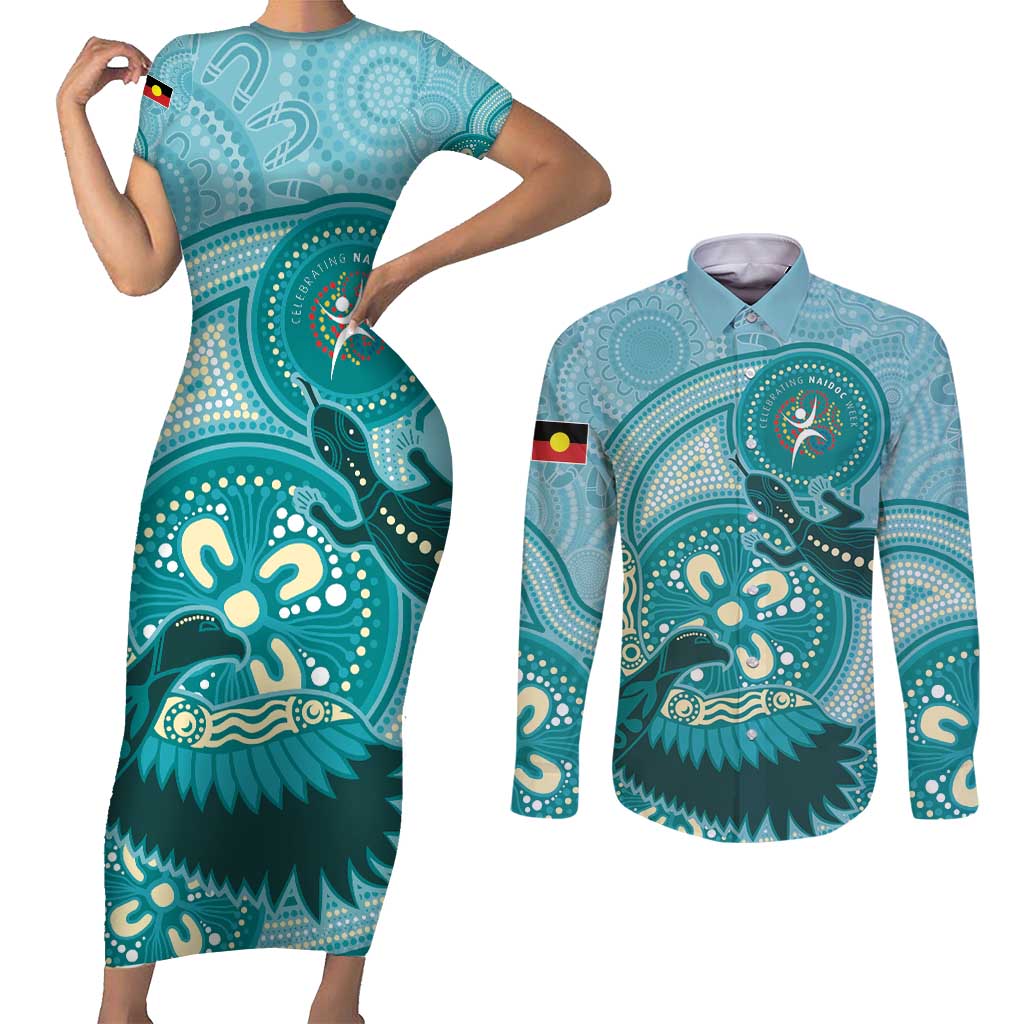 NAIDOC 2025 Strength Vision & Legacy Couples Matching Short Sleeve Bodycon Dress and Long Sleeve Button Shirt Future Dreaming - Teal