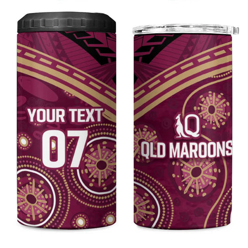Personalized Australia QLD Maroons 4 in 1 Can Cooler Tumbler Indigenous Aboriginal Mix Polynesian Motifs
