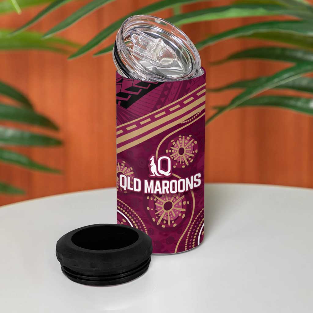 Personalized Australia QLD Maroons 4 in 1 Can Cooler Tumbler Indigenous Aboriginal Mix Polynesian Motifs