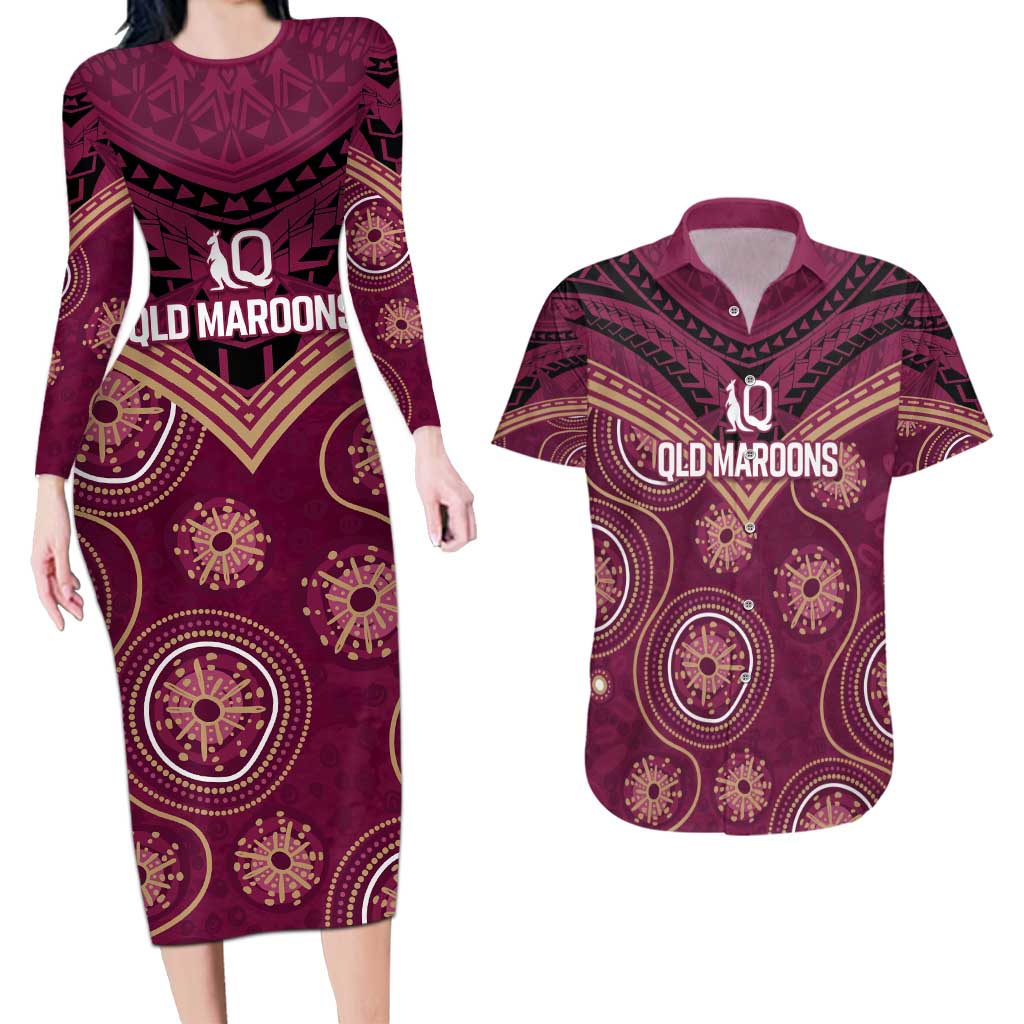 Personalized Australia QLD Maroons Couples Matching Long Sleeve Bodycon Dress and Hawaiian Shirt Indigenous Aboriginal Mix Polynesian Motifs