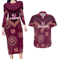 Personalized Australia QLD Maroons Couples Matching Long Sleeve Bodycon Dress and Hawaiian Shirt Indigenous Aboriginal Mix Polynesian Motifs