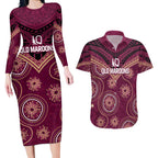 Personalized Australia QLD Maroons Couples Matching Long Sleeve Bodycon Dress and Hawaiian Shirt Indigenous Aboriginal Mix Polynesian Motifs