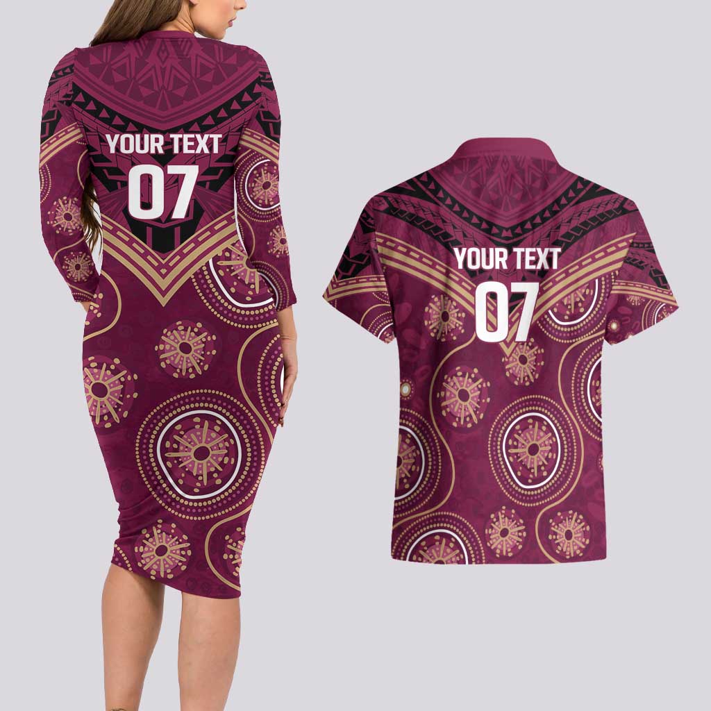 Personalized Australia QLD Maroons Couples Matching Long Sleeve Bodycon Dress and Hawaiian Shirt Indigenous Aboriginal Mix Polynesian Motifs