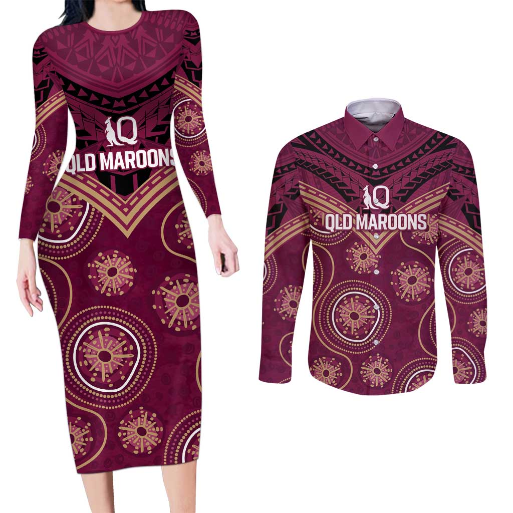 Personalized Australia QLD Maroons Couples Matching Long Sleeve Bodycon Dress and Long Sleeve Button Shirt Indigenous Aboriginal Mix Polynesian Motifs