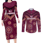 Personalized Australia QLD Maroons Couples Matching Long Sleeve Bodycon Dress and Long Sleeve Button Shirt Indigenous Aboriginal Mix Polynesian Motifs