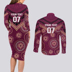 Personalized Australia QLD Maroons Couples Matching Long Sleeve Bodycon Dress and Long Sleeve Button Shirt Indigenous Aboriginal Mix Polynesian Motifs